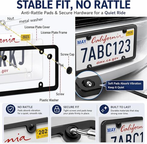 Clear License Plate Covers & Frames 2 Pack, Anti-Yellowing Shatterproof Plate Protectors with Hardware Kit, Anti-Rattle Pads & Caps, Universal Fit for Standard US Car License Plates in Saudi Arabia
