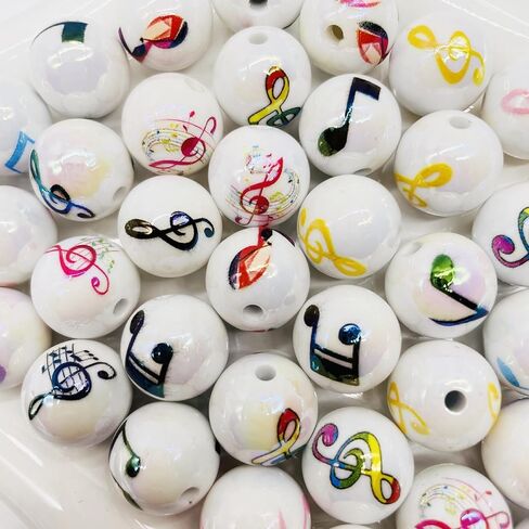 50Pcs Acrylic Music Note Printed Beads 16mm, Musical Theme Round Plastic Beads, Loose Polished Bubblegum Spacer Bead, for Adults Jewelry Making DIY Bracelets Necklaces Crafts Supplies in Kuwait