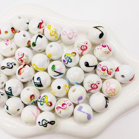 50Pcs Acrylic Music Note Printed Beads 16mm, Musical Theme Round Plastic Beads, Loose Polished Bubblegum Spacer Bead, for Adults Jewelry Making DIY Bracelets Necklaces Crafts Supplies in Kuwait
