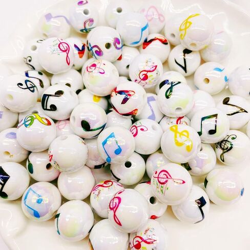 50Pcs Acrylic Music Note Printed Beads 16mm, Musical Theme Round Plastic Beads, Loose Polished Bubblegum Spacer Bead, for Adults Jewelry Making DIY Bracelets Necklaces Crafts Supplies in Kuwait