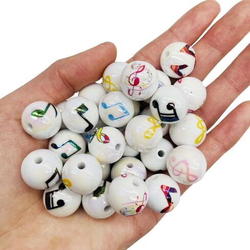 50Pcs Acrylic Music Note Printed Beads 16mm, Musical Theme Round Plastic Beads, Loose Polished Bubblegum Spacer Bead, for Adults Jewelry Making DIY Bracelets Necklaces Crafts Supplies in Kuwait