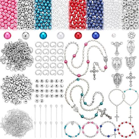 1248 Pcs Rosary Making Kit, Christian DIY Jewelry Making Supplies Catholic Rosary Beads Bulk with Crucifix Cross Pendants, Glass Pearl Beads and Jump Rings for Easter, Holiday Gift for Adults in Kuwait