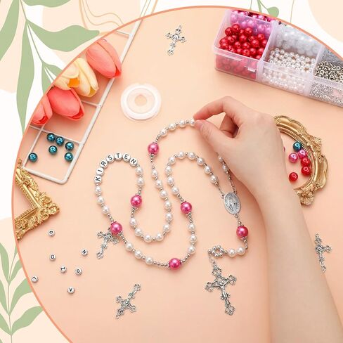 1248 Pcs Rosary Making Kit, Christian DIY Jewelry Making Supplies Catholic Rosary Beads Bulk with Crucifix Cross Pendants, Glass Pearl Beads and Jump Rings for Easter, Holiday Gift for Adults in Kuwait