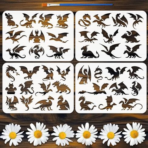 FINGERINSPIRE 4PCS Dragon Silhouette Painting Stencil with Paint Brush 8.3x11.7inch Reusable Dragon Pattern Drawing Template A4 Plastic PET Animal Theme Stencil for Adults Painting on Wood Fabric in Kuwait