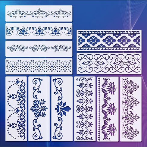 12PCS Border Stencil Floral Geometric Craft Paint Template Reusable Plastic Templates 12inch Flower Vines Stencils Painting on Wood Furniture Wall Canvas Floor in Saudi Arabia