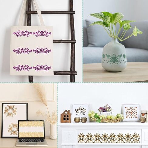 12PCS Border Stencil Floral Geometric Craft Paint Template Reusable Plastic Templates 12inch Flower Vines Stencils Painting on Wood Furniture Wall Canvas Floor in Saudi Arabia