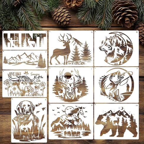 10 Pcs Large Wildlife Animal Wood Burning Stencils Reusable Mountain Deer Wolf Dog Cow Horse Fish Bear Stencils for Wood Sign Wall T-Shirt Fabric DIY Crafts Decor in Saudi Arabia