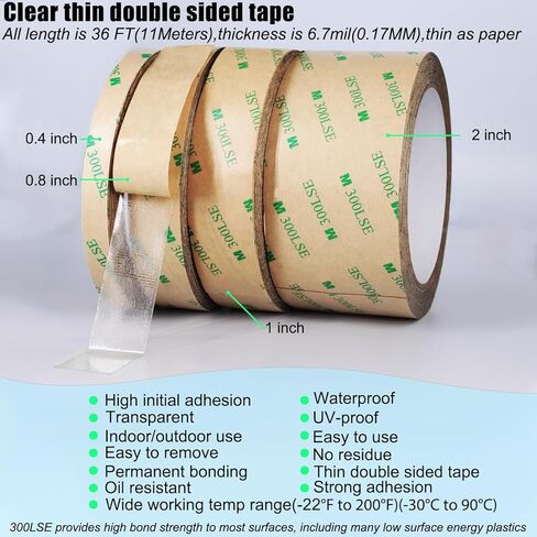 Thin Double Sided Tape Heavy Duty, Clear Adhesive Tape,Heat Resistant,Removable,Waterproof,Sticky 2 Sided Tape,Strong Two Sided Tape for Scarpbook,Wall,LED Strips,Poster,Craft,0.4 inch *36FT in Kuwait