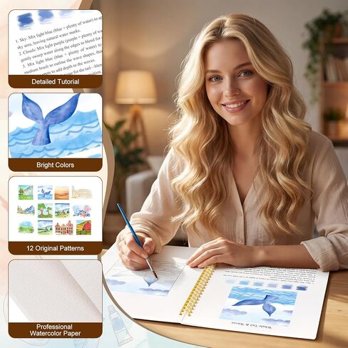Watercolor Workbook for Adults, Beginner Friendly Water Coloring Book 12 Different Scenery Patterns Sketch Illustration Water Color Painting Book for Art Practice Gift in Saudi Arabia