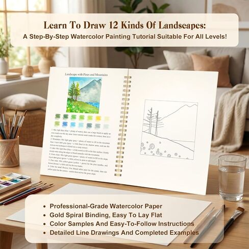 Watercolor Workbook for Adults, Beginner Friendly Water Coloring Book 12 Different Scenery Patterns Sketch Illustration Water Color Painting Book for Art Practice Gift in Saudi Arabia