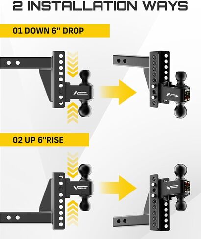 Adjutable Trailer Hitch- Fits 2.5-Inch Receivers- 6-Inch Drop/Rise, Includes 2-Inch and 2-5/16-Inch Ball Mounts, Suitable for Trucks, 20,000 LBS GTW, Double Stainless SteeLl Locks & Hitch Pin，Black in Saudi Arabia