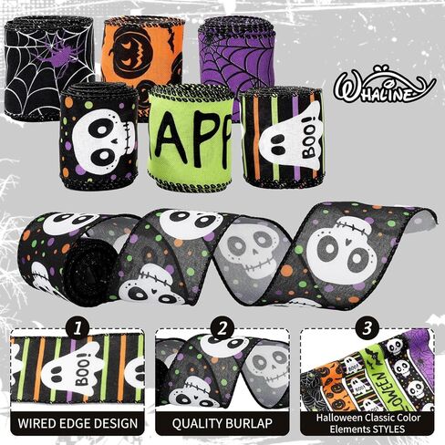 Whaline 6 لفات Happy Halloween سلكية حافة الشريط شبح بو اليقطين الجمجمة العنكبوت الشريط شرائط النسيج الملونة لإكليل القوس صنع DIY الحرف اليدوية التفاف، 30 ياردة in Kuwait
