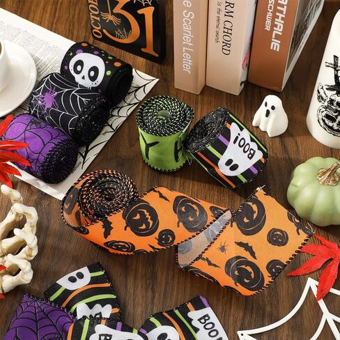 Whaline 6 لفات Happy Halloween سلكية حافة الشريط شبح بو اليقطين الجمجمة العنكبوت الشريط شرائط النسيج الملونة لإكليل القوس صنع DIY الحرف اليدوية التفاف، 30 ياردة in Kuwait