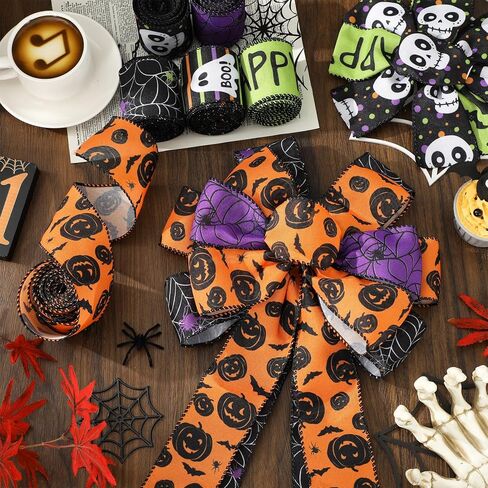 Whaline 6 لفات Happy Halloween سلكية حافة الشريط شبح بو اليقطين الجمجمة العنكبوت الشريط شرائط النسيج الملونة لإكليل القوس صنع DIY الحرف اليدوية التفاف، 30 ياردة in Kuwait