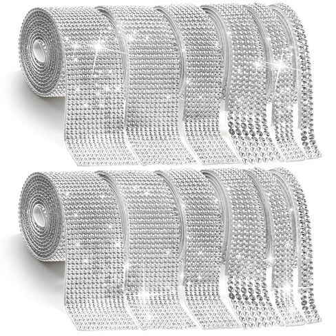12 Rolls Self-Adhesive Crystal Rhinestone Ribbon, Silver Bling Diamond Tape with 6 Sizes for Crafts, Car DIY, Wedding, Party Decoration (12 Yards) in Saudi Arabia