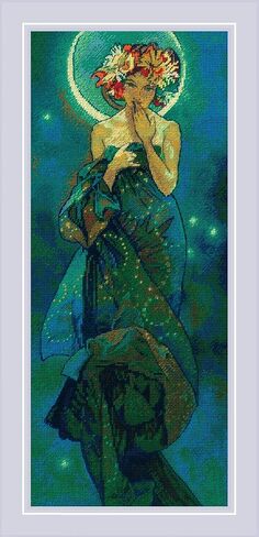 RIOLIS - القمر بعد العمل الفني A. Mucha 2340، مجموعات الغرز المتقاطعة 7.87x18.89، للمبتدئين والمتقدمين، طقم خياطة متقاطعة هدية DYI للبالغين، طقم خياطة عد التطريز in Kuwait