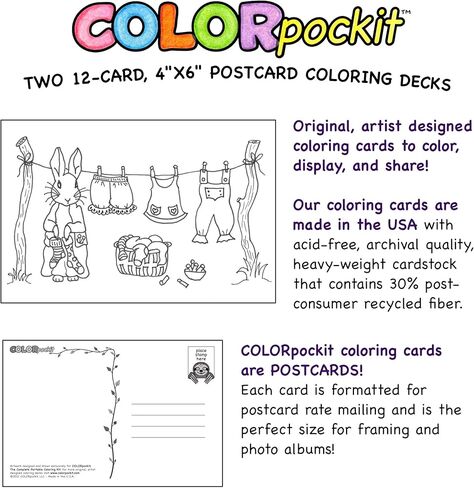 Colorpockit 4x6 Postcard Coloring Book Card Decks with Busy Bunnies and Butterflies Forever. Refills for COLORpockit Complete Portable Coloring kit. Contains Two 12-Card Coloring Decks. in Saudi Arabia