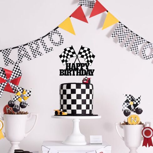 Race Car Flag Cake Topper Racing Car Happy Birthday Cake Decoration Racing Checkered Flag Themed Cake Decoration for Boys Birthday Party Baby Shower in Saudi Arabia