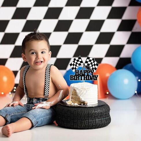 Race Car Flag Cake Topper Racing Car Happy Birthday Cake Decoration Racing Checkered Flag Themed Cake Decoration for Boys Birthday Party Baby Shower in Saudi Arabia