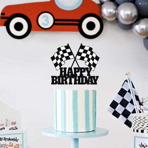 Race Car Flag Cake Topper Racing Car Happy Birthday Cake Decoration Racing Checkered Flag Themed Cake Decoration for Boys Birthday Party Baby Shower in Saudi Arabia