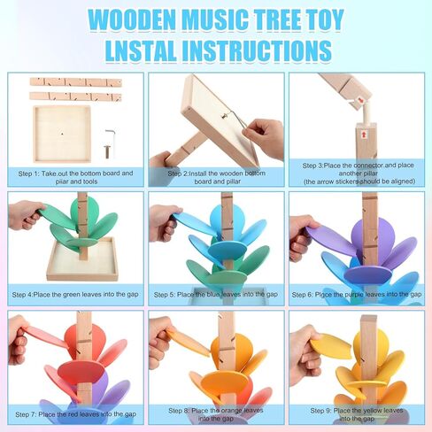 Wooden Marble Run Music Tree for Kids Ages 3+ - Upgraded Easy Assembly with Built-in Nuts, Montessori Toys for Toddlers, Color Sorting Marble Ball Run & Musical Game for Boys Girls 4-8 in Saudi Arabia