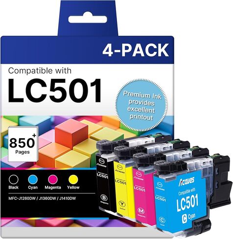 خراطيش حبر LC501 لطابعة Brother MFC-J1360DW بديلة لخراطيش حبر Brother LC501 LC501XL LC 501 تعمل لطابعة MFC-J1360DW MFC-J1410DW MFC-J1260W باللون الأسود واللون، 4 عبوات in Kuwait