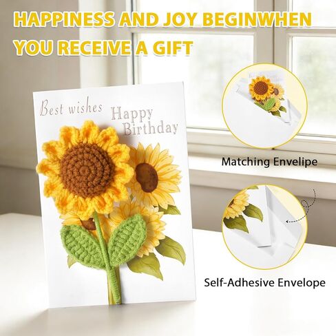 Birthday Card for Women Handmade Crochet Happy Birthday Cards with Knitted Flowers, Gift for Her, Girls, Friends, Mom, Sister in Kuwait