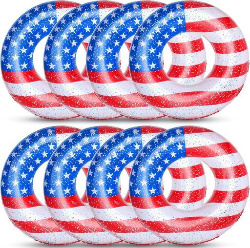 8 Pack American Flag Inflatable Swim Rings 30 Inch Patriotic Pool Floaties Swim Tubes Rings for Adults with Sparkle Confetti for 4th of July Summer Parties in Kuwait