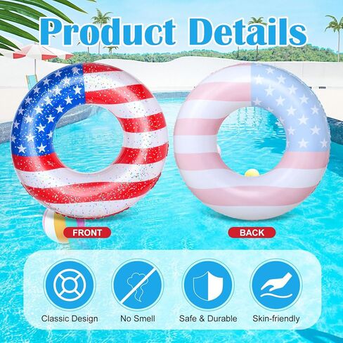 8 Pack American Flag Inflatable Swim Rings 30 Inch Patriotic Pool Floaties Swim Tubes Rings for Adults with Sparkle Confetti for 4th of July Summer Parties in Kuwait