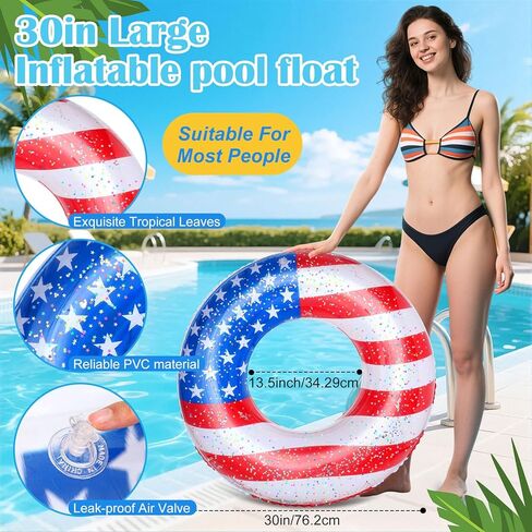 8 Pack American Flag Inflatable Swim Rings 30 Inch Patriotic Pool Floaties Swim Tubes Rings for Adults with Sparkle Confetti for 4th of July Summer Parties in Kuwait
