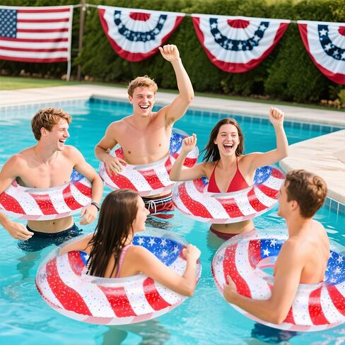 8 Pack American Flag Inflatable Swim Rings 30 Inch Patriotic Pool Floaties Swim Tubes Rings for Adults with Sparkle Confetti for 4th of July Summer Parties in Kuwait