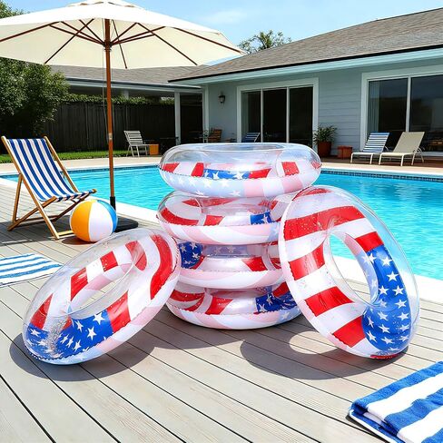 8 Pack American Flag Inflatable Swim Rings 30 Inch Patriotic Pool Floaties Swim Tubes Rings for Adults with Sparkle Confetti for 4th of July Summer Parties in Kuwait