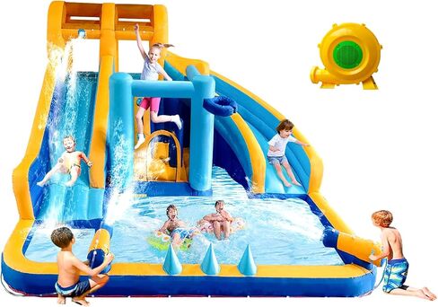 Inflatable Water Slide, Bounce House with Slide for Kids 3-8, 13.1x13.1x7.6 FT Bounce House Water Park with Long Dual Slides, Large Splash Pool, Climbing Wall, Jumping House, Boxing Game in Kuwait