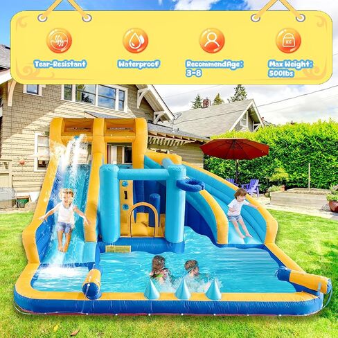 Inflatable Water Slide, Bounce House with Slide for Kids 3-8, 13.1x13.1x7.6 FT Bounce House Water Park with Long Dual Slides, Large Splash Pool, Climbing Wall, Jumping House, Boxing Game in Kuwait