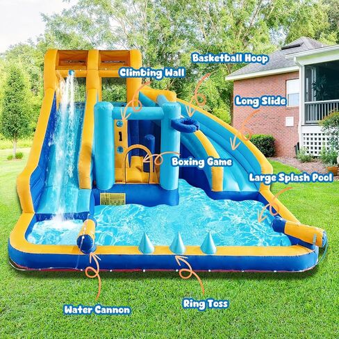 Inflatable Water Slide, Bounce House with Slide for Kids 3-8, 13.1x13.1x7.6 FT Bounce House Water Park with Long Dual Slides, Large Splash Pool, Climbing Wall, Jumping House, Boxing Game in Kuwait