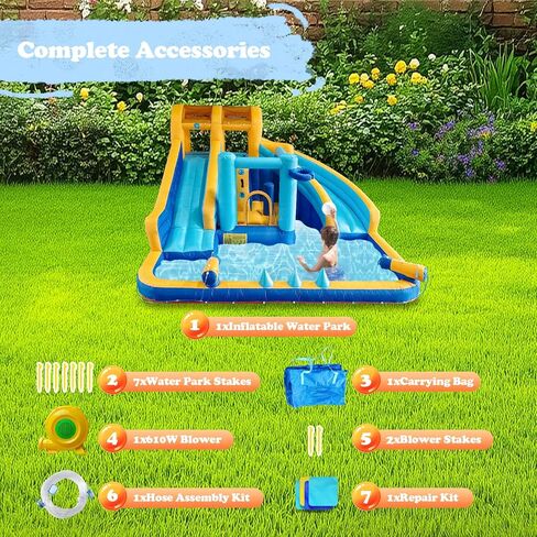 Inflatable Water Slide, Bounce House with Slide for Kids 3-8, 13.1x13.1x7.6 FT Bounce House Water Park with Long Dual Slides, Large Splash Pool, Climbing Wall, Jumping House, Boxing Game in Kuwait