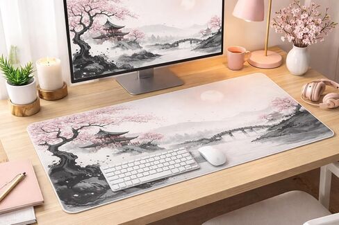 Japanese Desk Mat Mouse Pad, XL Extended Pink Cherry Blossom Large Mouse Pad, 31.5x15.7 Inch Desk Protector for Keyboard and Mouse, Waterproof Gaming Desk Pad with Non-Slip Rubber Base for Home Office in Saudi Arabia