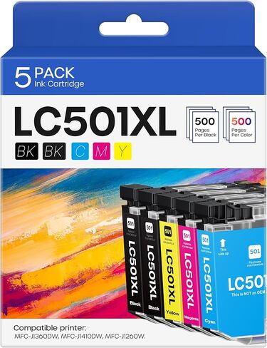 LC501XL LC501 XL Ink Cartridge 5 Pack Compatible for Brother LC501 XL LC501 XL Ink Cartridges for Brother MFC-J1260W MFC-J1360DW MFC-J1410DW Printer (2 Black, 1 Cyan, 1 Magenta, 1 Yellow) in Saudi Arabia