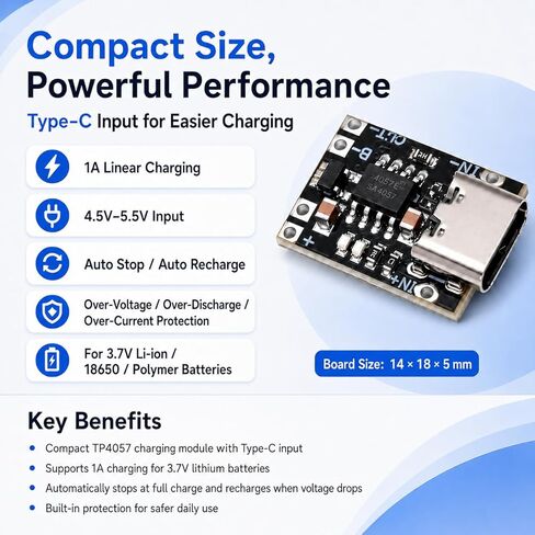 6PCS TP4057 1A 3.7V Lithium Battery Charging Board with Type-C USB-C, CC/CV Charger Module with Protection LED Indicator for 18650 Li-ion LiPo Battery DIY Projects in Kuwait