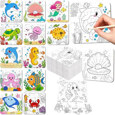 28pcs Under the Sea Party Favors – Ocean Animal Jigsaw Puzzle DIY Coloring Crafts for Summer Beach Activities in Kuwait