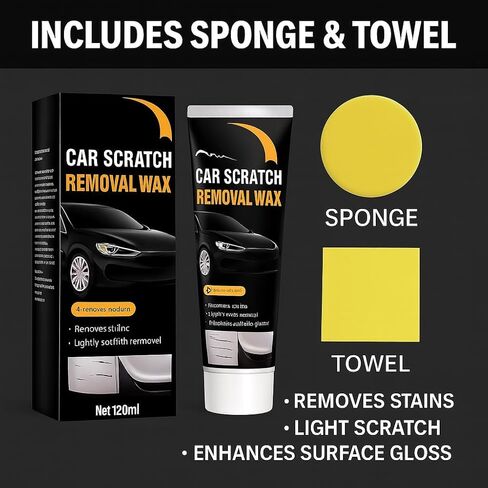 Car Scratch Removal Wax Kit - Polishing Cream with Towel & Sponge | Automotive Paint Scratch Remover & Swirl Repair | Restores Shine, Removes Marks, Protects Paint | Safe for All Car Colors in Kuwait