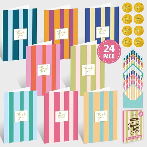 Decorably 24 Pack Gold-Foiled 4x6in Cute Thank You Cards with Envelopes & Stickers, 8 Colorful Stripe Designs Stripe, Blank Inside - Birthday, Baby Shower, Wedding, Anniversary, All Occasions in Kuwait