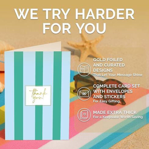 Decorably 24 Pack Gold-Foiled 4x6in Cute Thank You Cards with Envelopes & Stickers, 8 Colorful Stripe Designs Stripe, Blank Inside - Birthday, Baby Shower, Wedding, Anniversary, All Occasions in Kuwait