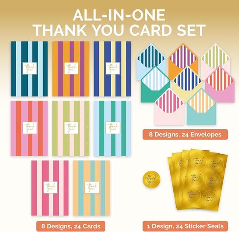 Decorably 24 Pack Gold-Foiled 4x6in Cute Thank You Cards with Envelopes & Stickers, 8 Colorful Stripe Designs Stripe, Blank Inside - Birthday, Baby Shower, Wedding, Anniversary, All Occasions in Kuwait