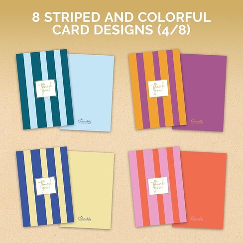 Decorably 24 Pack Gold-Foiled 4x6in Cute Thank You Cards with Envelopes & Stickers, 8 Colorful Stripe Designs Stripe, Blank Inside - Birthday, Baby Shower, Wedding, Anniversary, All Occasions in Kuwait