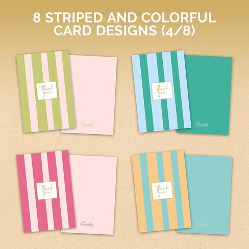 Decorably 24 Pack Gold-Foiled 4x6in Cute Thank You Cards with Envelopes & Stickers, 8 Colorful Stripe Designs Stripe, Blank Inside - Birthday, Baby Shower, Wedding, Anniversary, All Occasions in Kuwait
