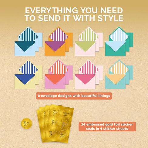 Decorably 24 Pack Gold-Foiled 4x6in Cute Thank You Cards with Envelopes & Stickers, 8 Colorful Stripe Designs Stripe, Blank Inside - Birthday, Baby Shower, Wedding, Anniversary, All Occasions in Kuwait
