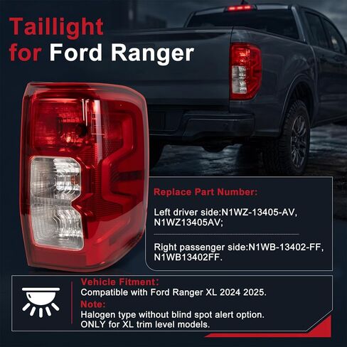 Right Passenger Side Halogen Type Outer Tail Light Lamp Compatible with Ford Ranger XL 2024 2025,Rear Tail Light Brake Lamp Assembly Replace N1WB-13402-FF,N1WB13402FF(R) in Kuwait