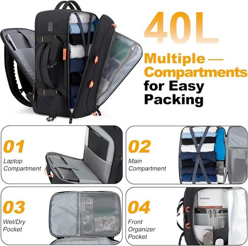 40L Carry On Travel Backpack & Business Work Bag, with Wet Dry Compartment, TSA Approved Laptop Daypack Fits 17.3", Large Rucksack Duffel Bag for Work Travel, for Men Women (Black) in Kuwait