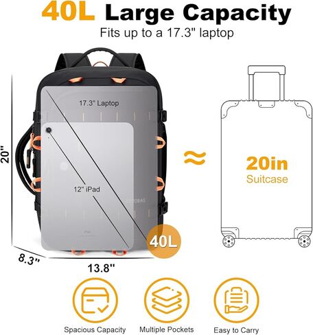 40L Carry On Travel Backpack & Business Work Bag, with Wet Dry Compartment, TSA Approved Laptop Daypack Fits 17.3", Large Rucksack Duffel Bag for Work Travel, for Men Women (Black) in Kuwait